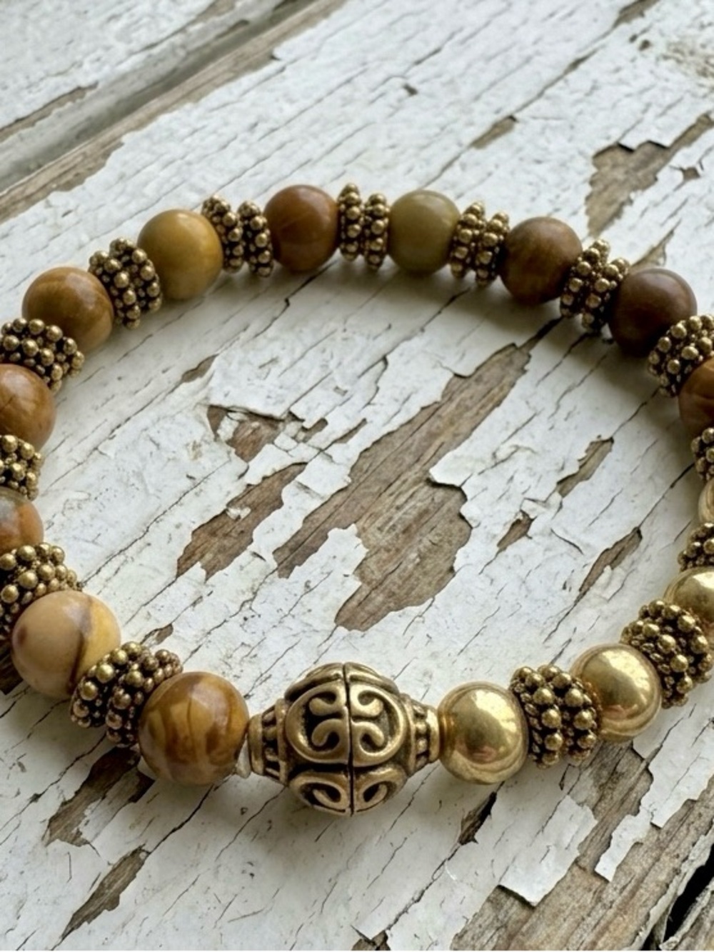 Gold and Brown Picture Jasper Natural Stone Beaded Stretchy Bracelet